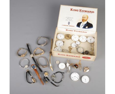 A box of assorted wrist watches and pocket watch movements to include Omega, Tissot, Sekonda, Elgin, Geneva, etc.