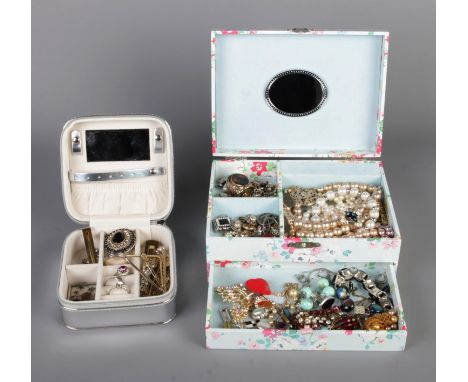 A Cath Kidston musical jewellery box accompanied by a travel zip case, both filled with assorted costume jewellery and access