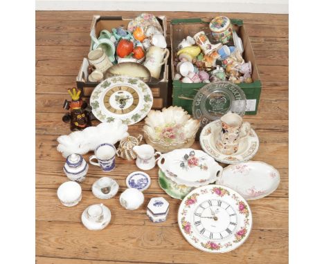 Two boxes of mixed ceramics and glass. Includes Ringtons, Sadler, Royal Worcester Metamec wall clock, ceramic figures, Dorche