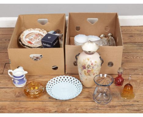 Two boxes of miscellaneous to include Aynsley, art glass vase, paperweight, Midwinter ceramics, etc.