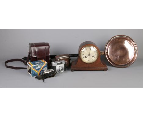 A collection of assorted items, to include Zeiss Ikon Colora camera with accessories and bag, dome top mantel clock and coppe