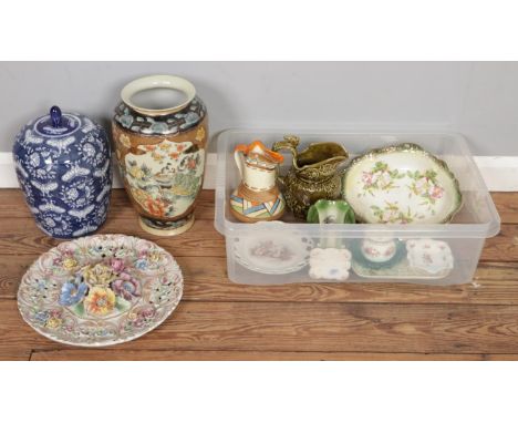 A mixed box of collectible ceramics: including Victorian Art Deco Myott Son &amp; Co jug, Japanese pheasant vase, Chinese blu