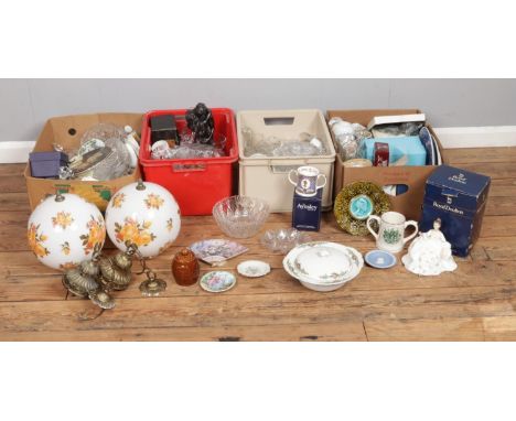 Four boxes of miscellaneous ceramics and glassware to include boxed Royal Doulton figure My Love (HN2339), majolica portrait 