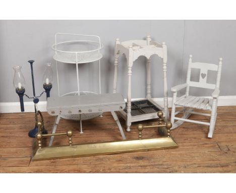 A mixed lot of painted furniture including child's chair, stick stand, bench, metal framed drinks trolley/table with brass fi