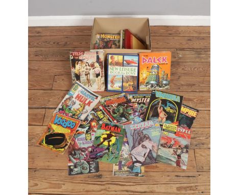 A small collection of comics and annuals including marvel and dc comics, various annuals and a BBC The Dalek World annual etc