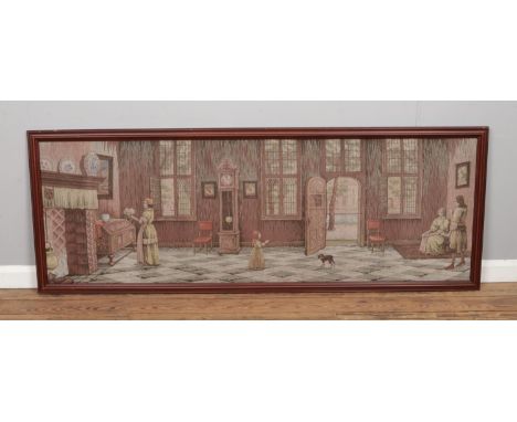 A extra large framed tapestry of a manor house scene.Hx67cmWx181cm