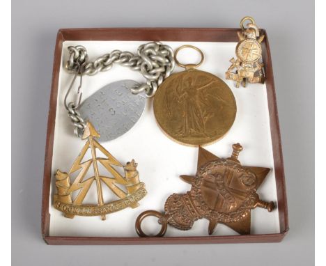 A group of vintage medals and badges, including WW2 Reconnaissance corps brass cap badge, CLB (Church Lads' Brigade) collar b
