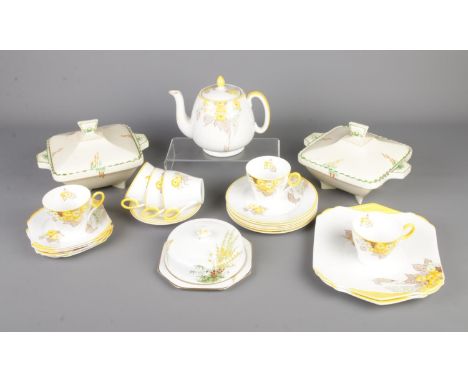 A Shelley Phlox pattern tea service along with pair of Art Deco Burleigh Ware Tureens and Royal Stafford Broom dish.
