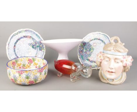 A collection of ceramics and glass. Includes Hornsea Slipware mantel vase, art glass hippo, Royal Winton Grimwades and figura