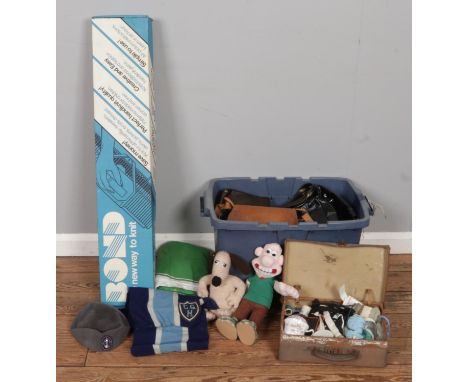 A large box of vintage miscellaneous, including a boxed Bond knitting machine, knitting accessories in a briefcase, assorted 