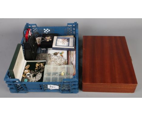 A large wooden tray accompanied by a wooden box, both containing assortment of costume jewellery, including pearl necklaces, 