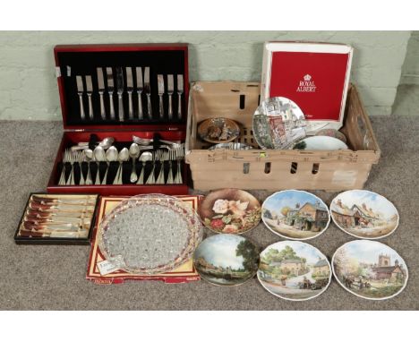 Three large boxes of miscellaneous items, including wooden cased George Butler silver-plated canteen of cutlery, antique carp