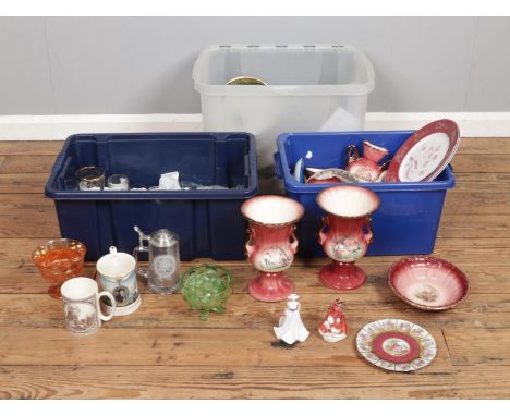 Three boxes of ceramics and glassware including Royal Doulton Emma Figurine, KLM Staffordshire pieces, JK Bovaria ceramics, v