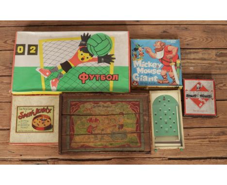 A collection of vintage games, to include Gotische Baukunst wooden building set, Soviet table football game, Waddington's Mon