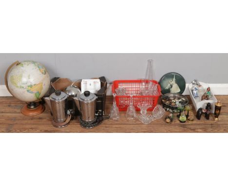 Three boxes of miscellaneous, including miniature liquors, glassware, two 1940s Swan electric kettles and Italian Tecnodidatt