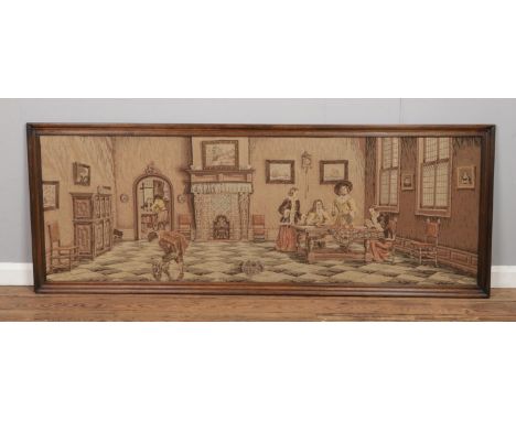 A extra large framed tapestry of a dining hall scene.Hx71cmWx188cm