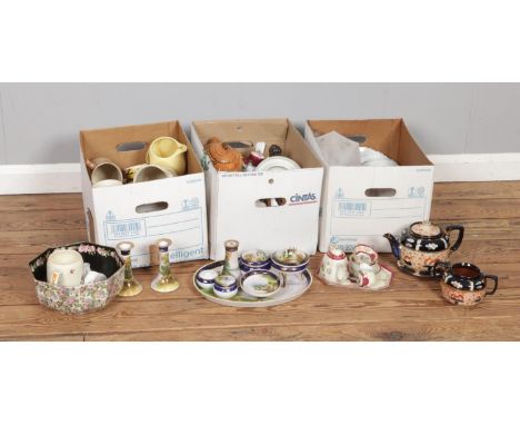 A three boxes of ceramics including cottage ware, Noritake, Crown Ducal, Crested ware etc