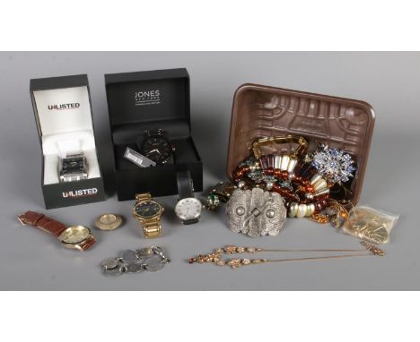 A collection of costume jewellery with quartz watches, including Rotary GS77834/21, boxed Jones New York, boxed Unlisted, Acc