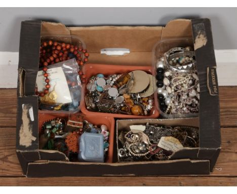 A box of costume jewellery, including several trays of brooches, necklaces, rings, bangles and pin badges etc.