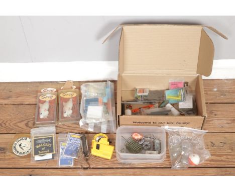 A box of mainly coarse fishing equipment, including hooks, weights, lures, bubble floats, spring balance and other tools.