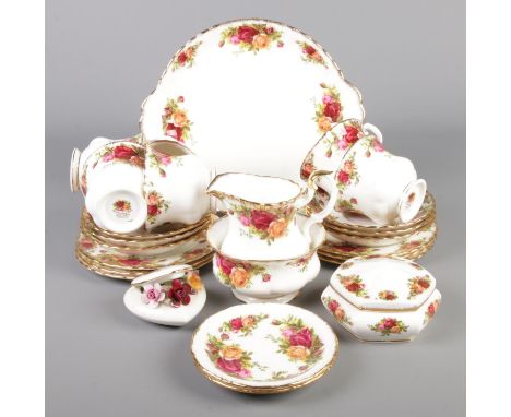 A collection of Royal Albert Old Country Roses teawares and ornaments. Includes six part tea set, cream jug, sugar bowl and s