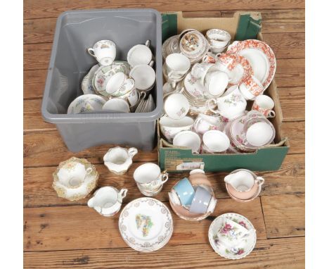 Two boxes of bone china teawares. Includes Royal Albert, Colclough, Cries of London, Lubrin etc.