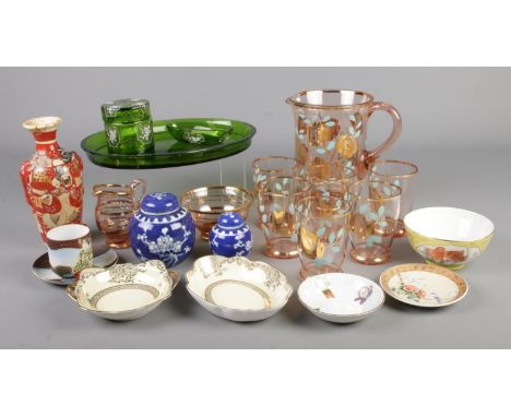 A collection of Oriental ceramics and glassware. Includes lemonade jug and glasses, Noritake, prunus blossom ginger jars etc.