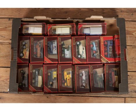 A box containing eighteen boxed Matchbox scale model vehicles, to include Shell Model T Ford Tanker, Walker HMV Electric Van,