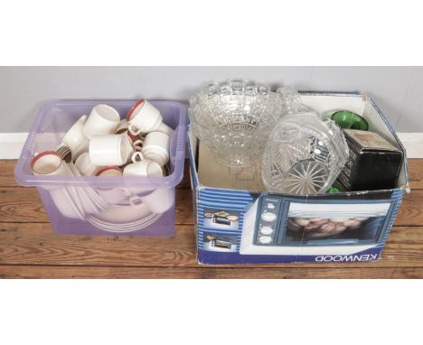 Two boxes of mixed glassware and Ireland Carrigaline Pottery County Cork dinnerware and tea service, including large cut glas