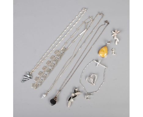 A collection of silver jewellery to include Greek key necklace, crucifix bracelet, assorted gemstone pendants. Total weight 4