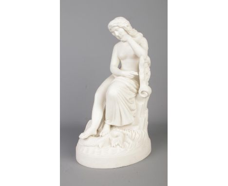 A late Nineteenth Century parian figure formed as Lurline, seated playing a harp with a scaled sea creature at her feet. Heig