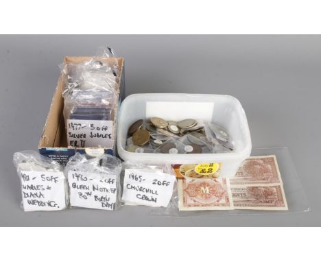 Two boxes of collectable coins, containing assorted vintage English and world coins &amp; notes, together with a quantity of 