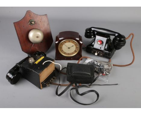 A quantity of collectables; Smith Sectric bakelite clock, Kodak Instamatic camera, servants bell and two telephones, includin