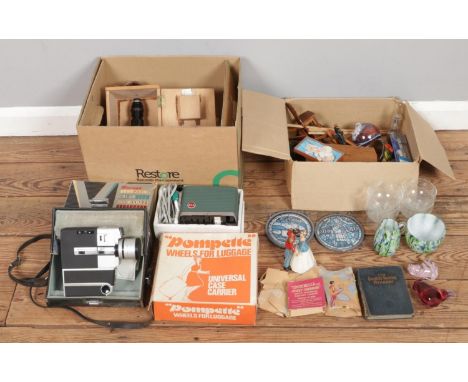 A box of miscellaneous items, including Britex Microscope M110, Sankyo CM300 film camera, Maruya slide projector, Wells Brimt
