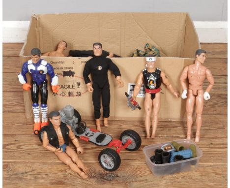 A box of mainly Action Man figures, containing thirteen dolls, along with clothing and accessories.