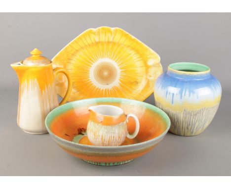 Five pieces of Shelley drip glaze ceramics. Includes vase, bowl, oval dish, coffee pot and cream jug.