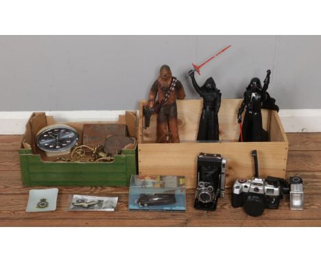 Two boxes of assorted items, consisting of a collection of photographic equipment, including Olympia DL2000A camera, retro Rh