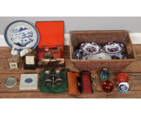 A box of mixed collectables, including an antique 19th century Chinese blue &amp; white landscape plate (D23cm), Sutherland P