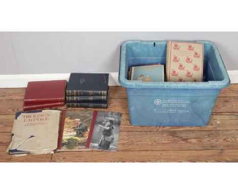 A box of vintage books and maps, including 1930s Ordnance Survey maps, The King's Empire Vol. IV published by Cassell &amp; C