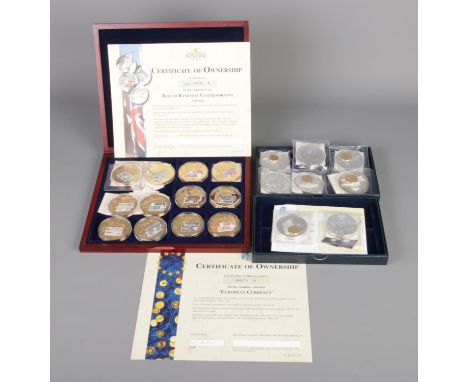 Two complete collections of commemorative coins titled 'European Currency' by HMK and 'British Banknote Commemorative' by The
