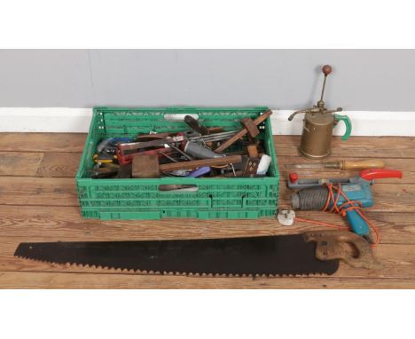 A large box of mixed tools, including assorted hand tools, Black &amp; Decker HG991 heat gun, vintage R.Harris Spraygen brass
