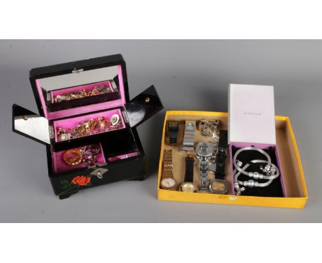 A hand painted floral jewellery box with key, filled with costume jewellery, along with a boxed Jon Richard necklace with vin
