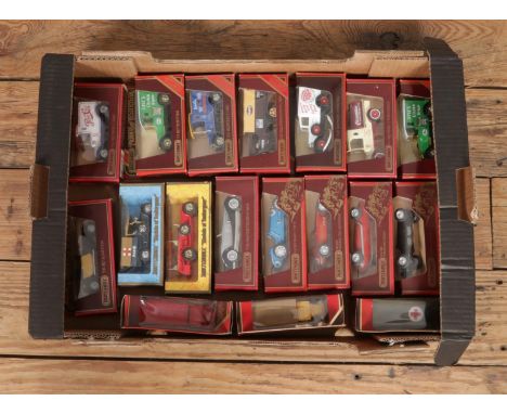 A box of eighteen boxed Matchbox scale model vehicles, to include Models of Yesteryear, Bugatti Type 51, 1927 Talbot Van and 