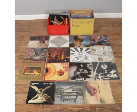 Two boxes of assorted records, to include Paul Simon, Rod Stewart, Gerry Raffety, Santana, Abba, Hawkwind, John Lennon, Kate 