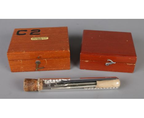 A collection of vintage tools, including mahogany cased Oertling London and J.W. Towers &amp; Co analytic weight sets, togeth