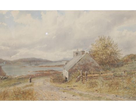 Ebenezer Alfred Warmington (British, 1830-1903), a framed watercolour painting depicting two cottages beside a river. Signed 