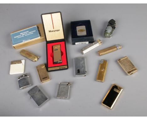 A collection of vintage lighters including Maruman quartz lighter, Mosda, Rolmor, Dalvey etc