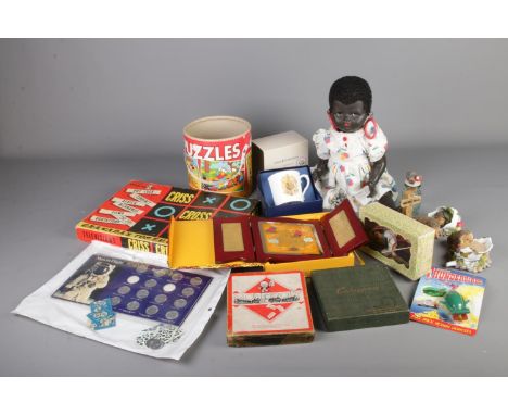 A box of toys and mixed collectables including Palitoy doll, monopoly, Thunderbirds, Royal Worcester collectable3 mug, orient