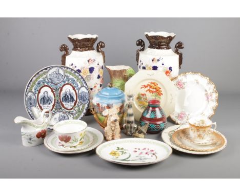 A collection of ceramics. Includes large mantel vases, Royal Crown Derby Royal Pinxton Roses plate, Spode, Aynsley trio, Wood