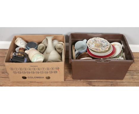 Two boxes of assorted ceramic, pottery and stoneware, including Aynsley plate, Sylvac squirrel jug, Portmeirion Botanic Garde